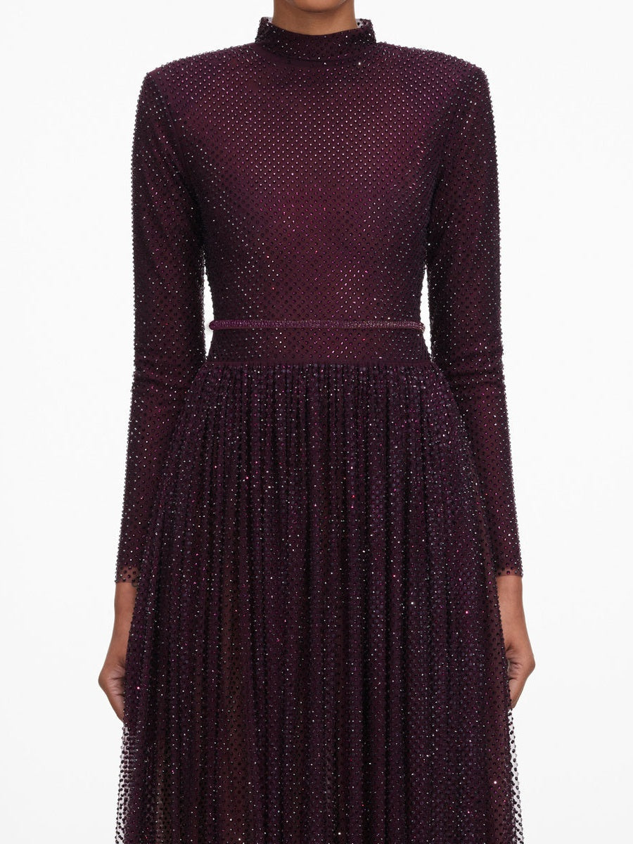 Burgundy rhinestone long sleeve maxi dress