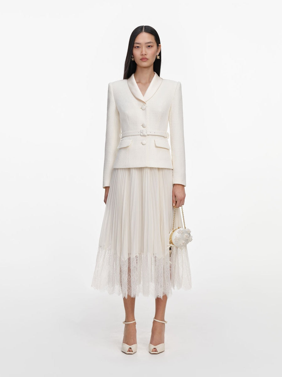 Cream boucle shawl collared midi dress