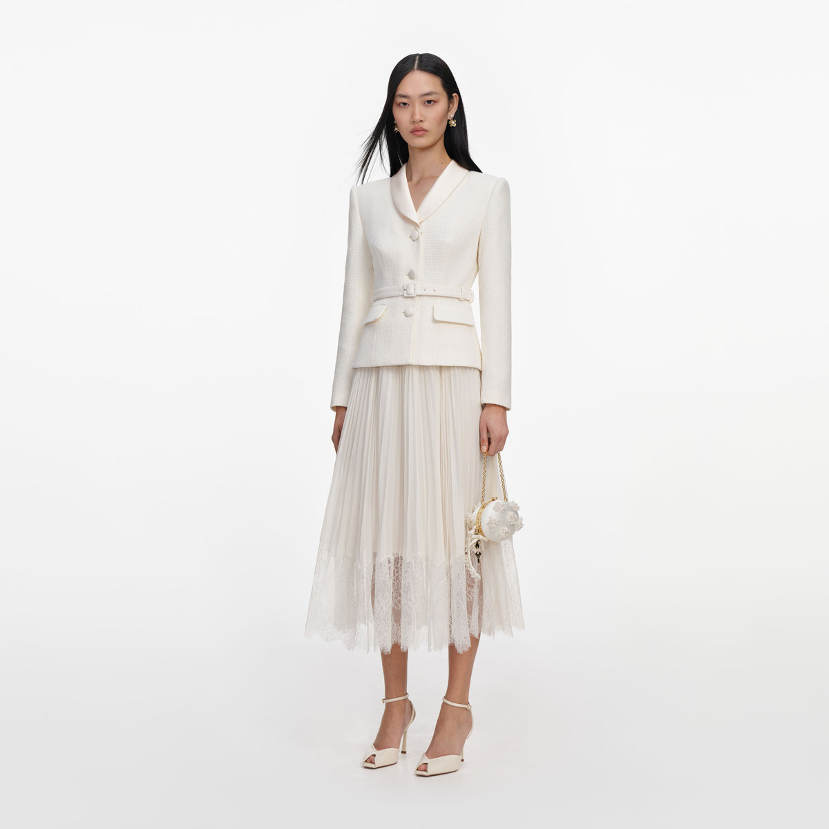 Cream boucle shawl collared midi dress