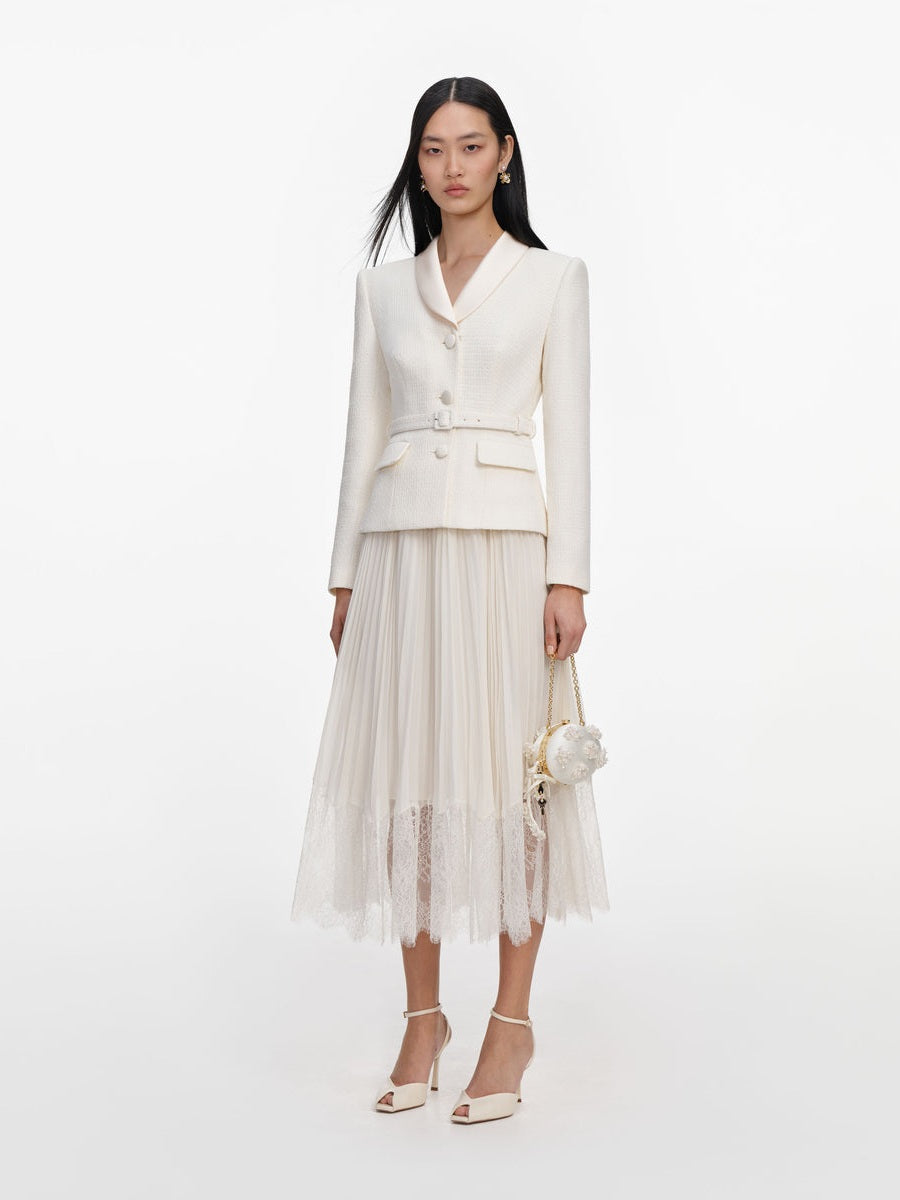 Cream boucle shawl collared midi dress