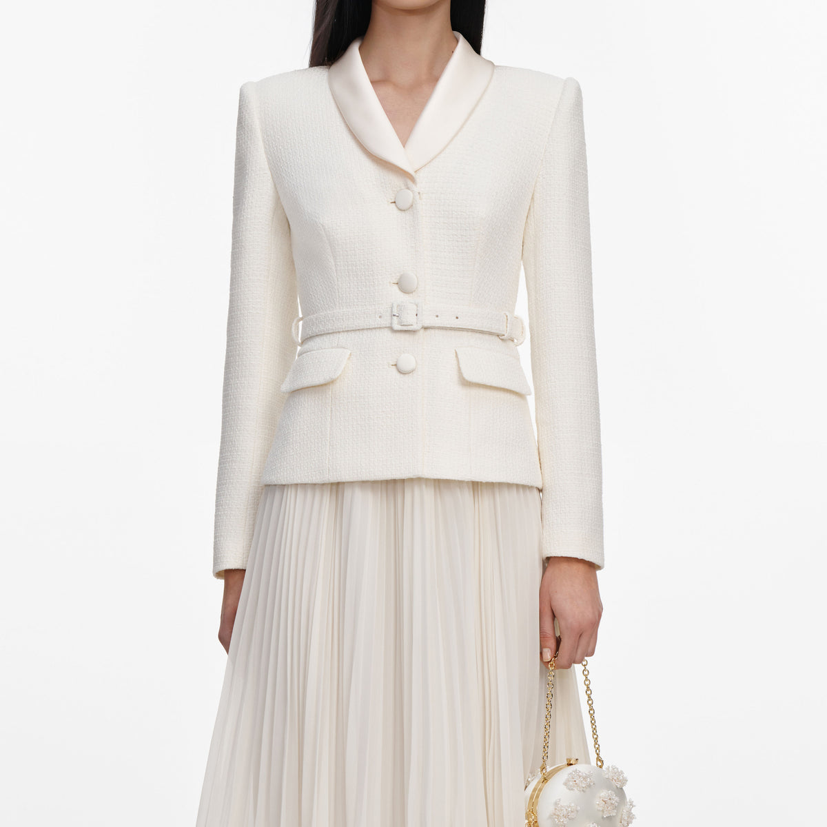 Cream boucle shawl collared midi dress