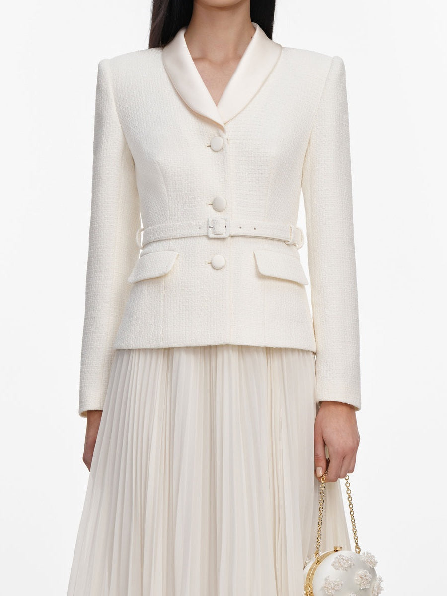 Cream boucle shawl collared midi dress