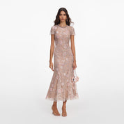 Pink flower sequin embellished midi dress