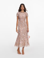 Pink flower sequin embellished midi dress