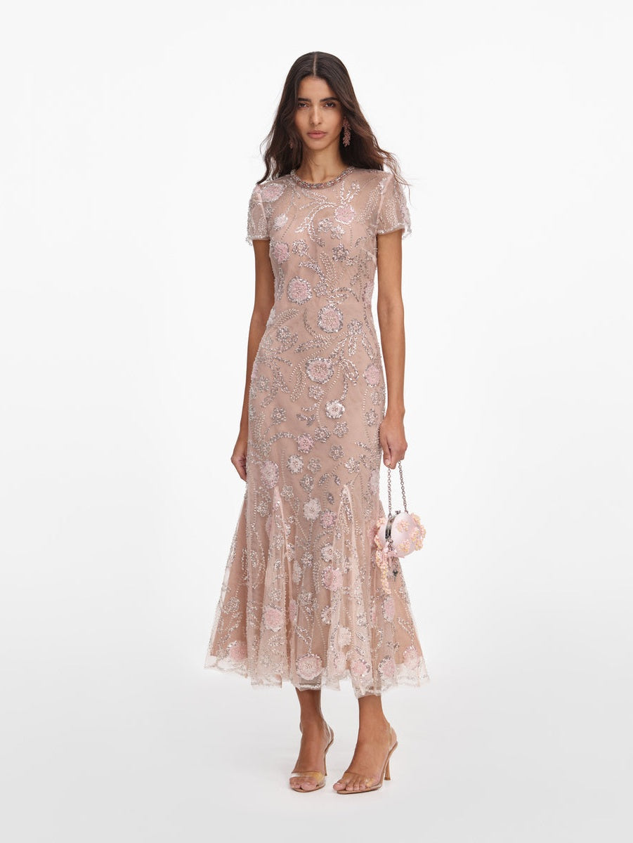 Pink flower sequin embellished midi dress