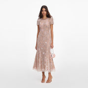 Pink flower sequin embellished midi dress