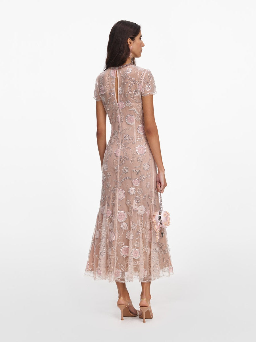 Pink flower sequin embellished midi dress