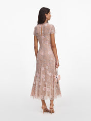 Pink flower sequin embellished midi dress