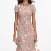 Pink flower sequin embellished midi dress