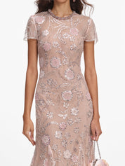 Pink flower sequin embellished midi dress