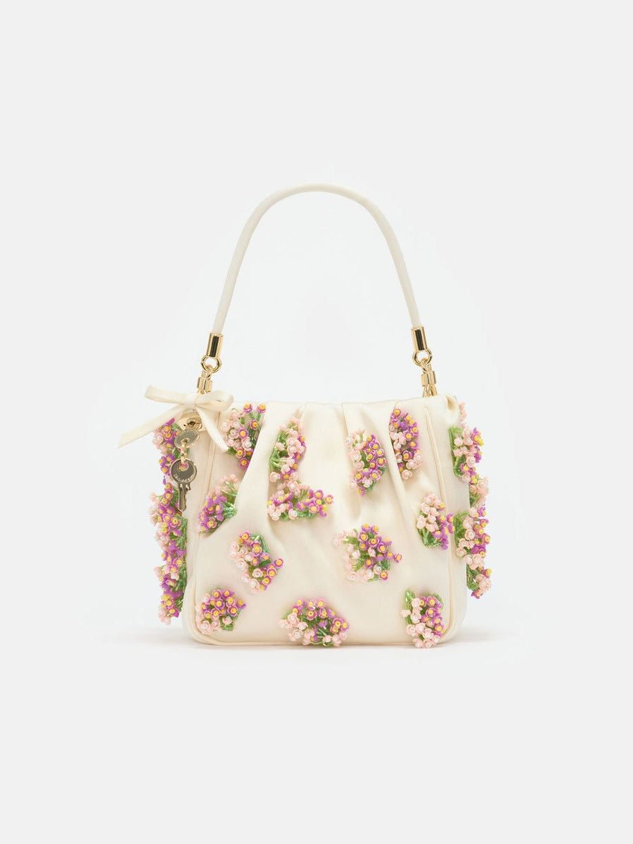 Cream satin floral beaded tote bag