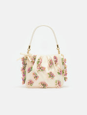 Cream satin floral beaded tote bag