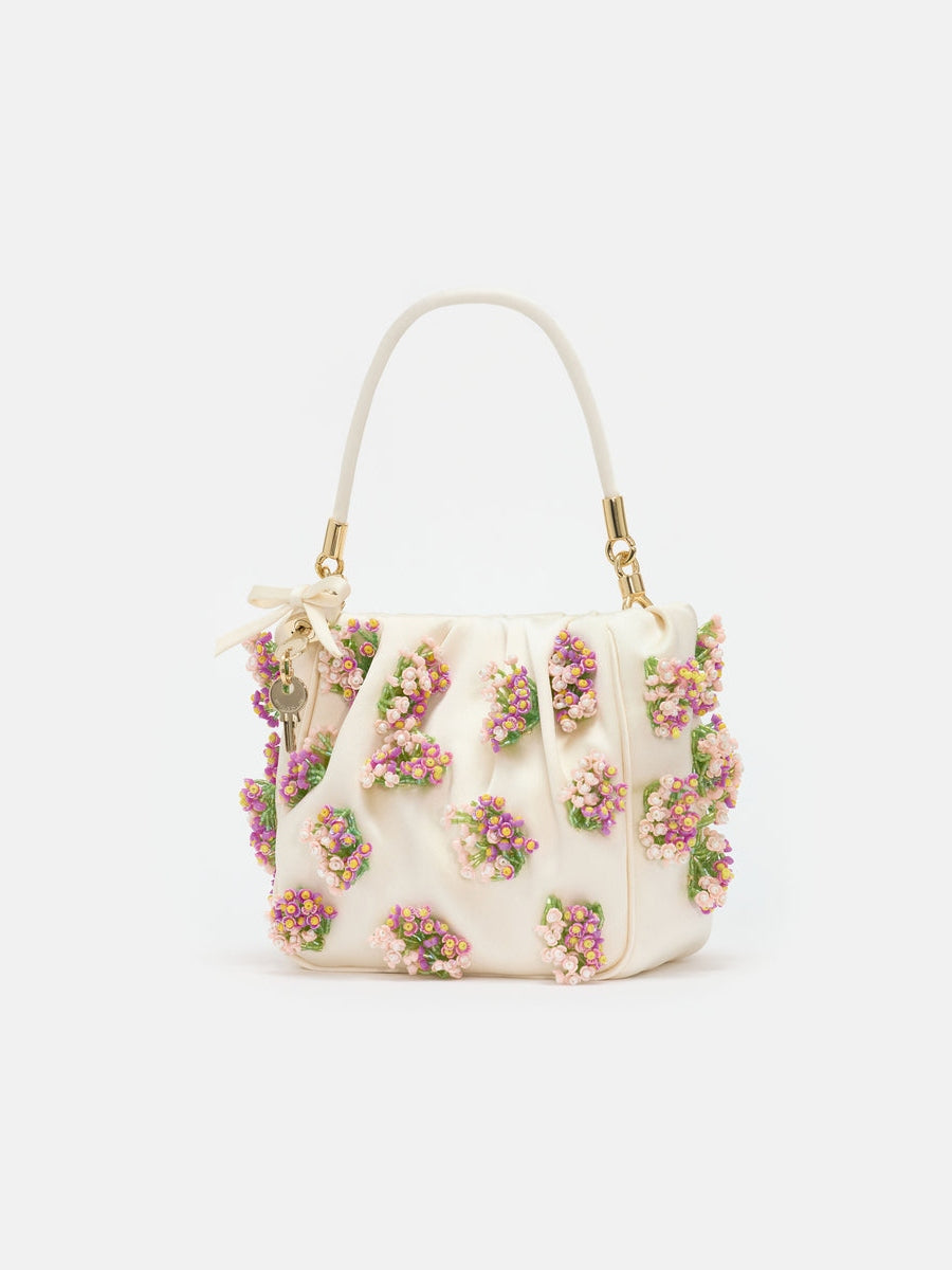 Cream satin floral beaded tote bag