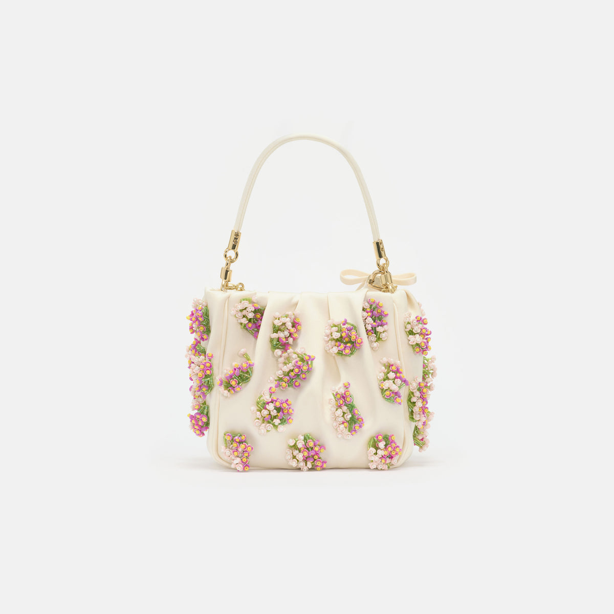 Cream satin floral beaded tote bag