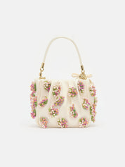 Cream satin floral beaded tote bag