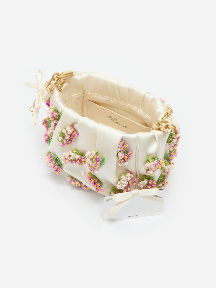 Cream satin floral beaded tote bag