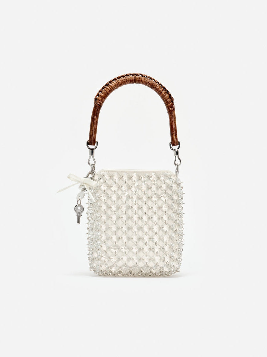 Cream crystal chain mini tote bag