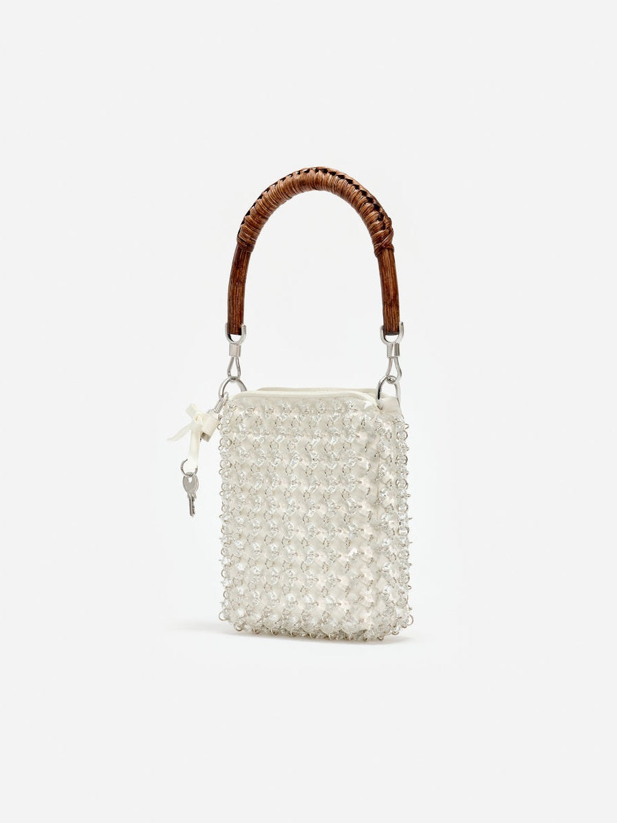 Cream crystal chain mini tote bag