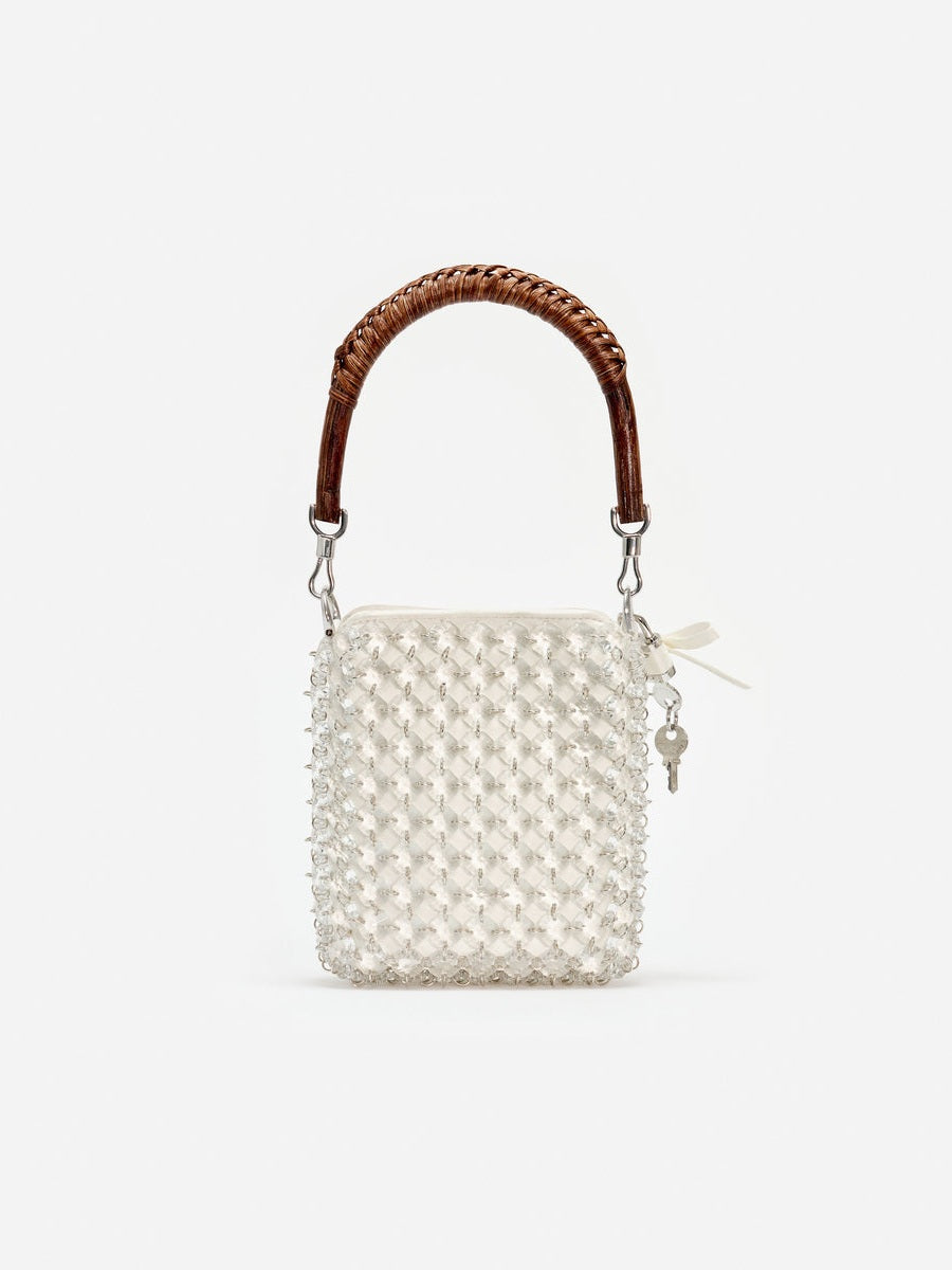 Cream crystal chain mini tote bag