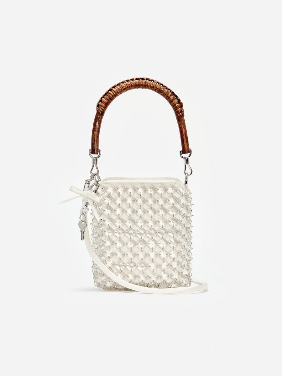 Cream crystal chain mini tote bag