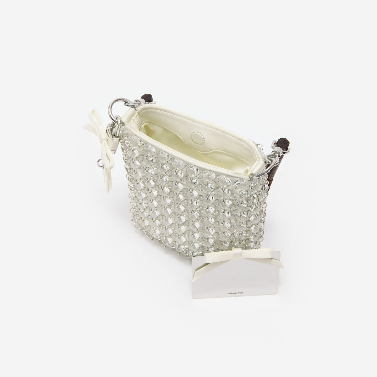 Cream crystal chain mini tote bag
