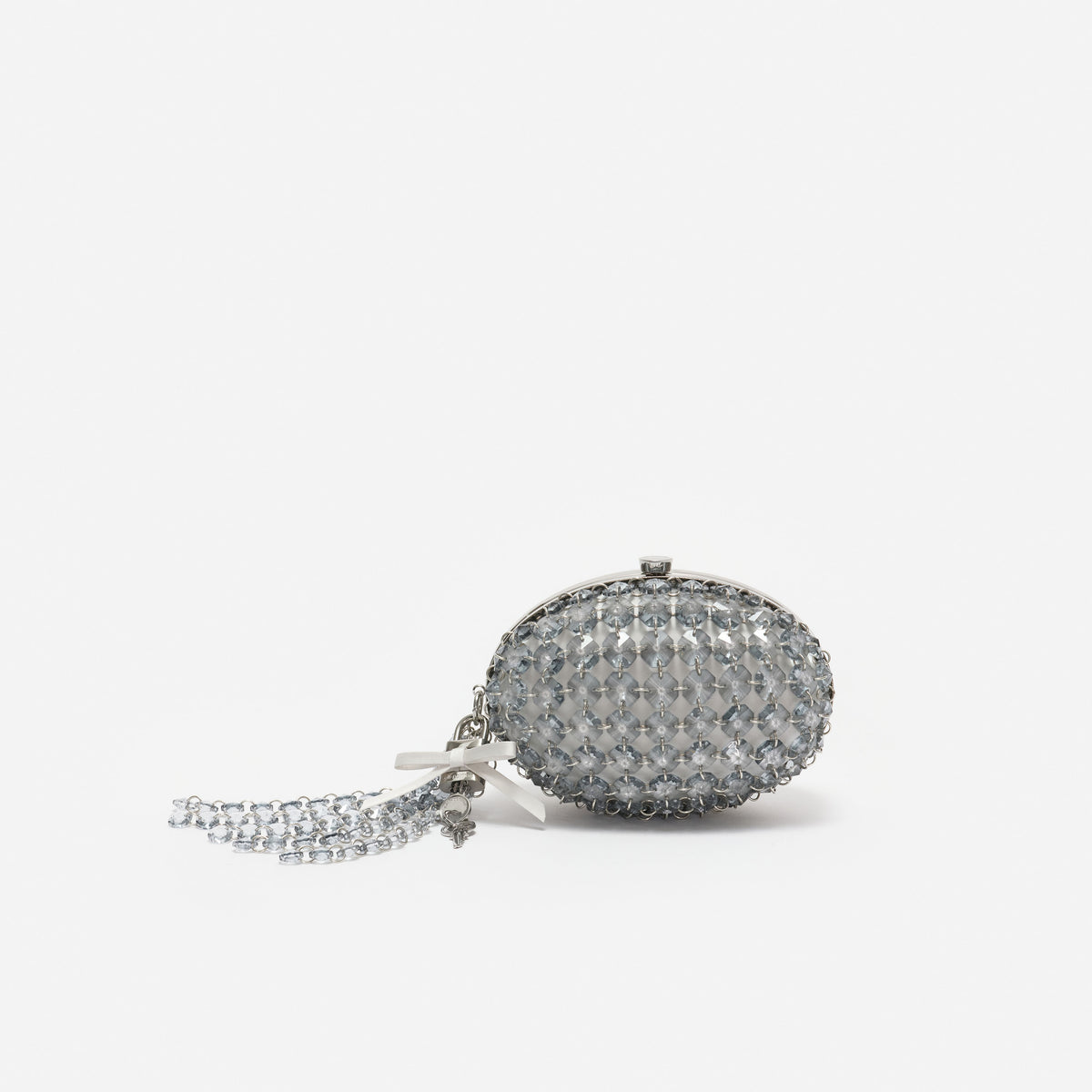 Grey oval crystal chain clutch bag