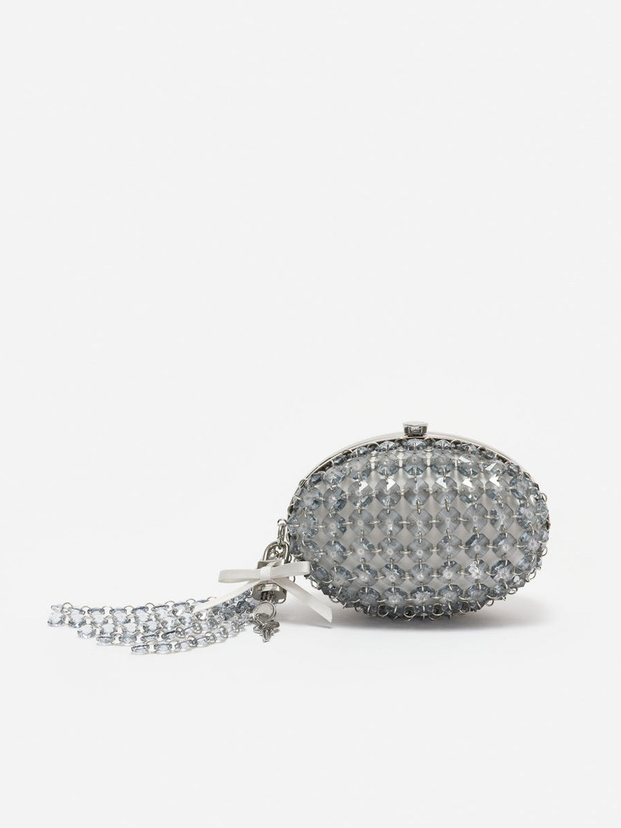 Grey oval crystal chain clutch bag