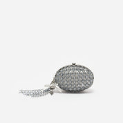 Grey oval crystal chain clutch bag