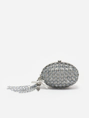 Grey oval crystal chain clutch bag