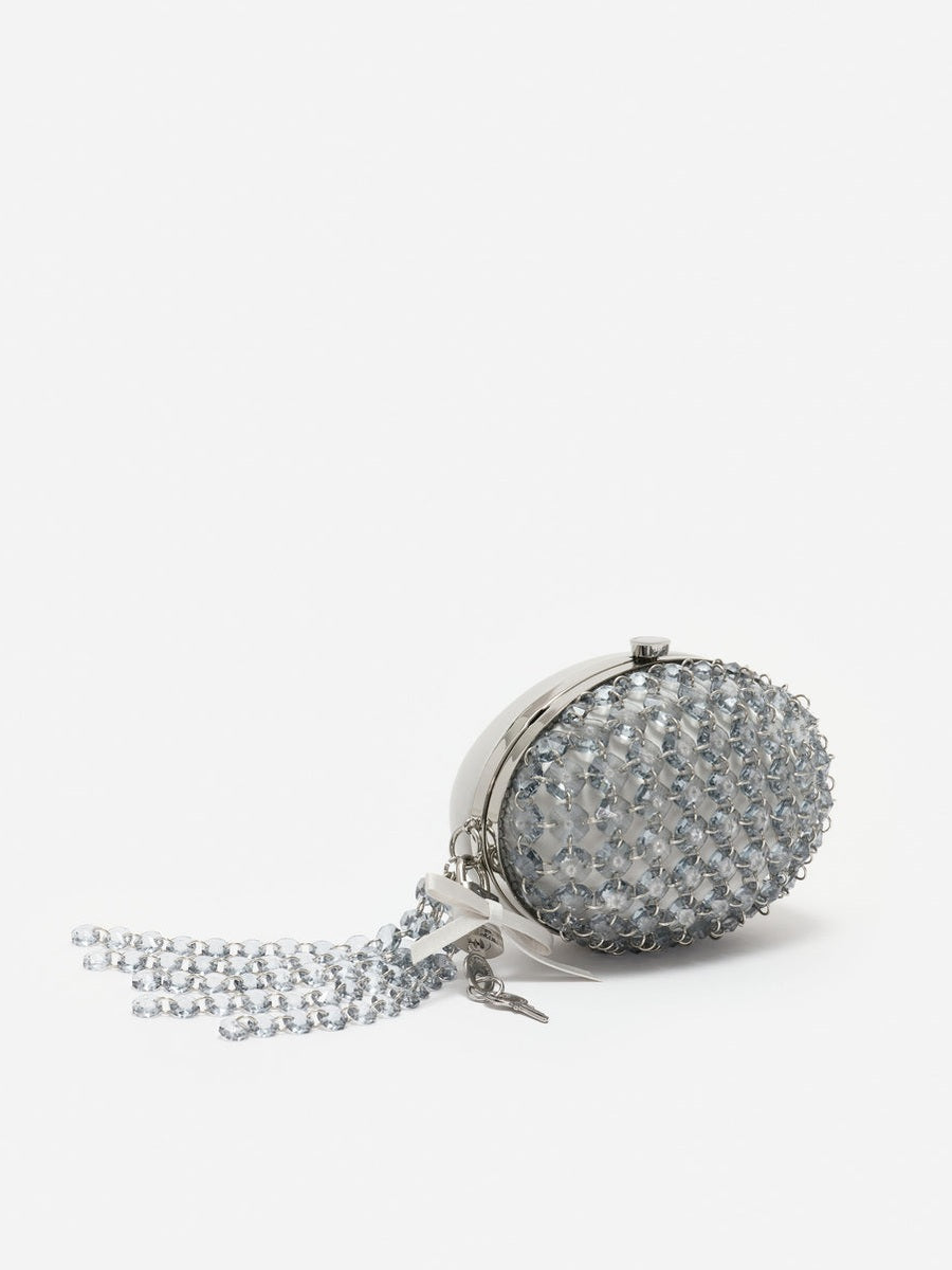 Grey oval crystal chain clutch bag