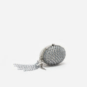 Grey oval crystal chain clutch bag