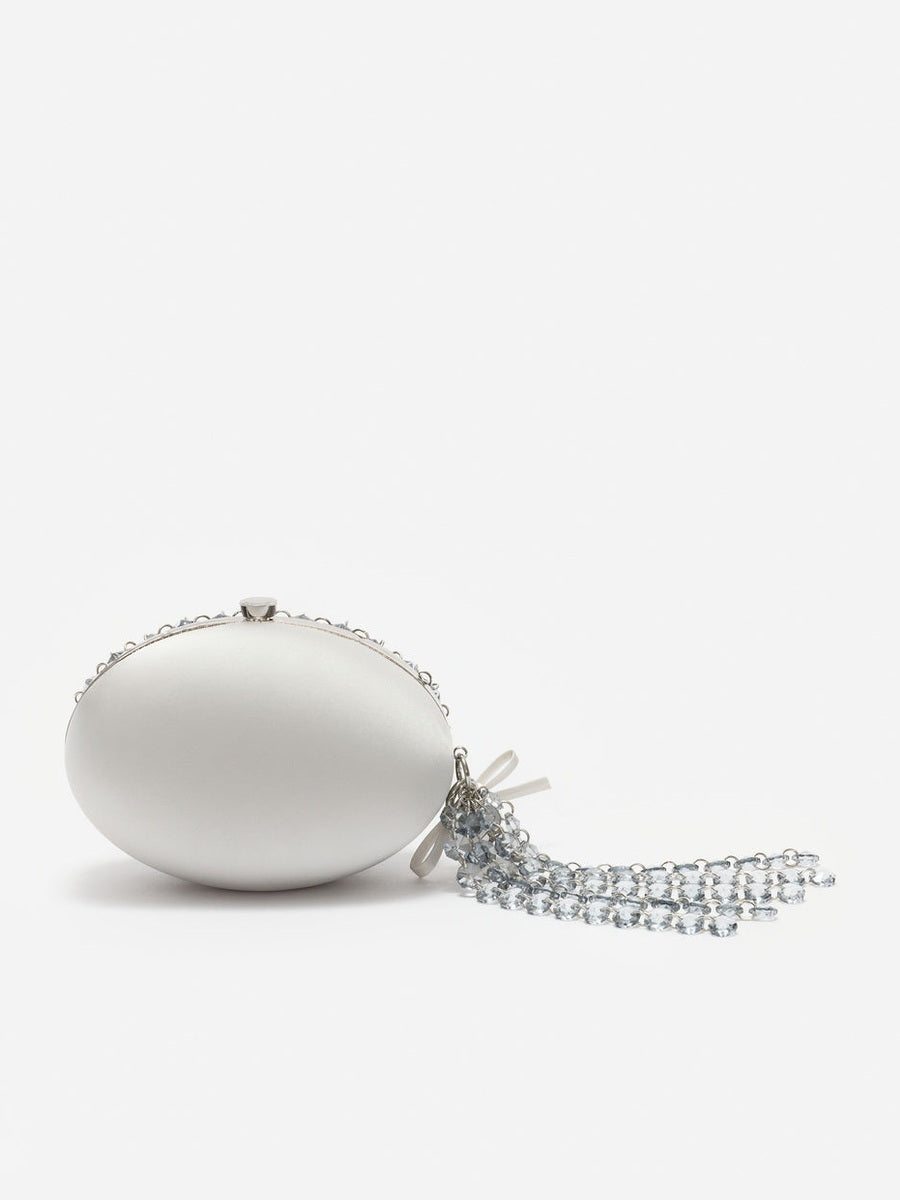 Grey oval crystal chain clutch bag