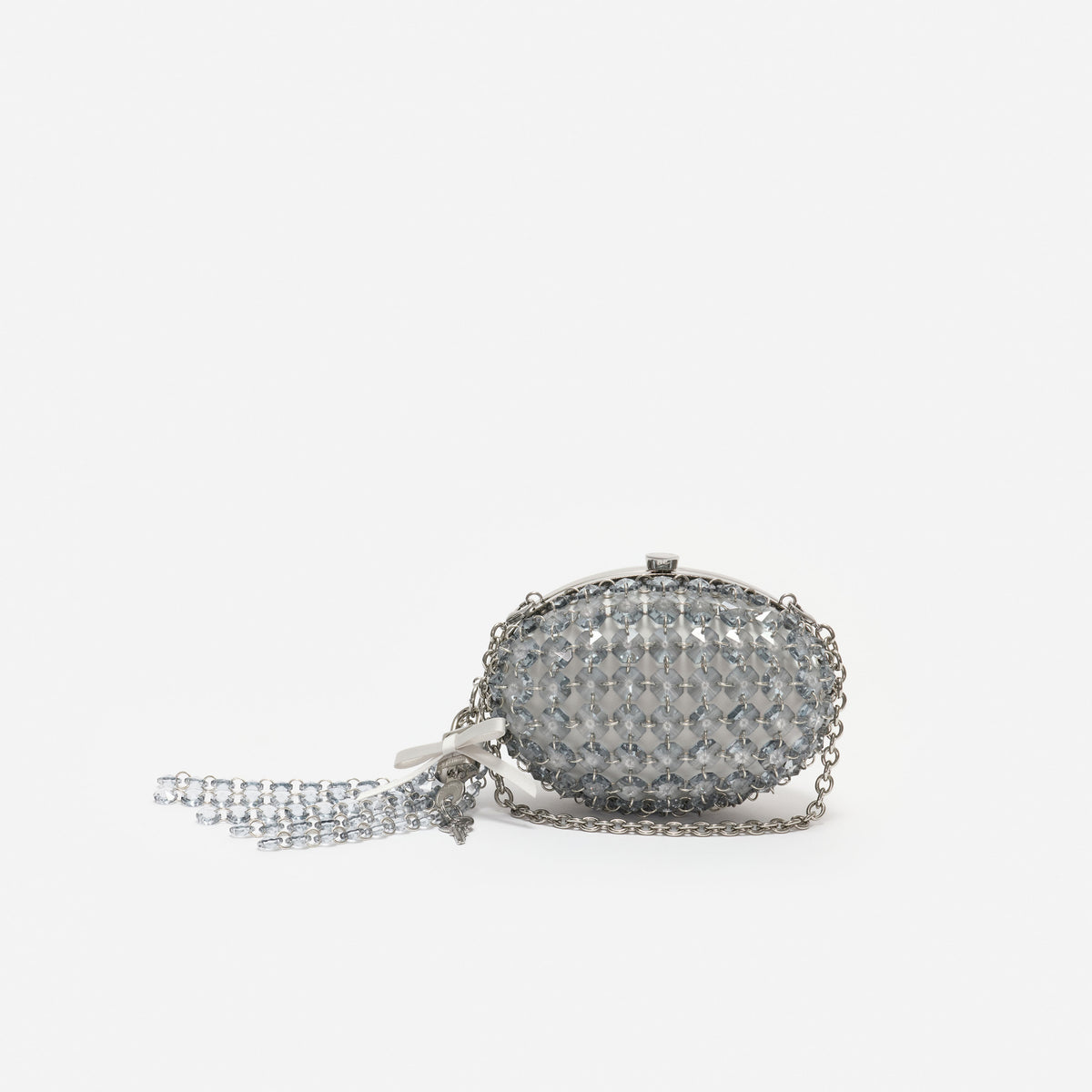 Grey oval crystal chain clutch bag