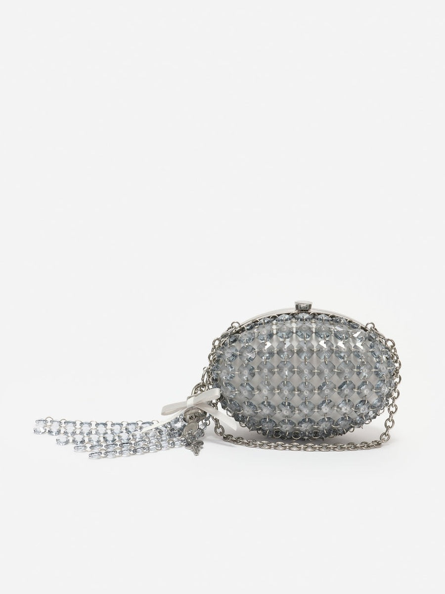 Grey oval crystal chain clutch bag