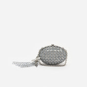 Grey oval crystal chain clutch bag