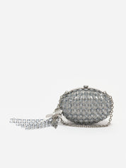 Grey oval crystal chain clutch bag