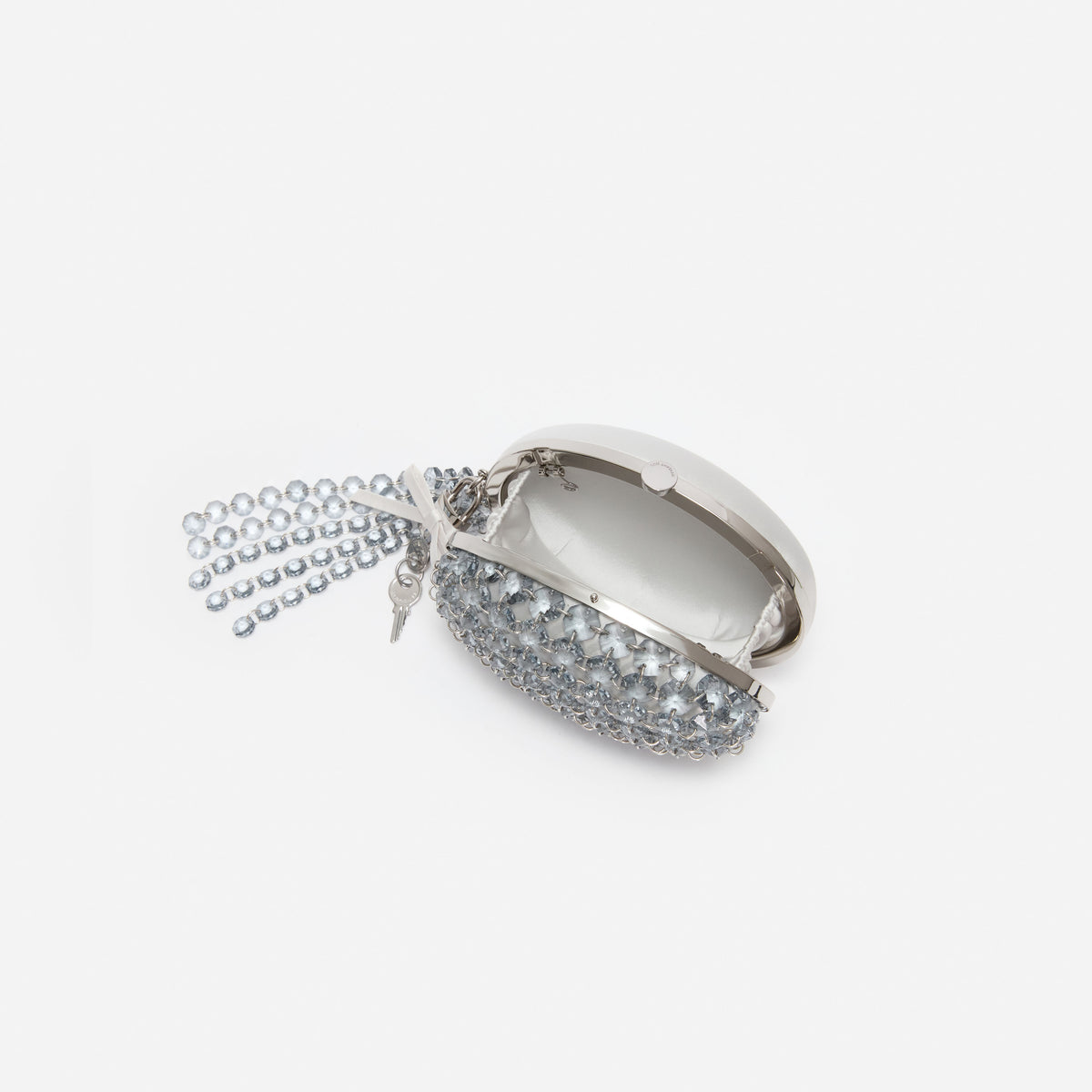 Grey oval crystal chain clutch bag