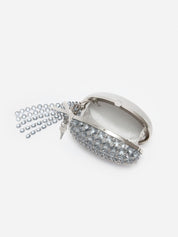 Grey oval crystal chain clutch bag