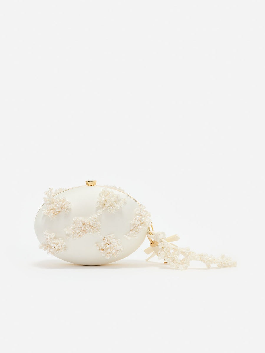 Cream satin floral beaded oval clutch
