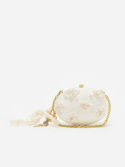 Cream satin floral beaded oval clutch