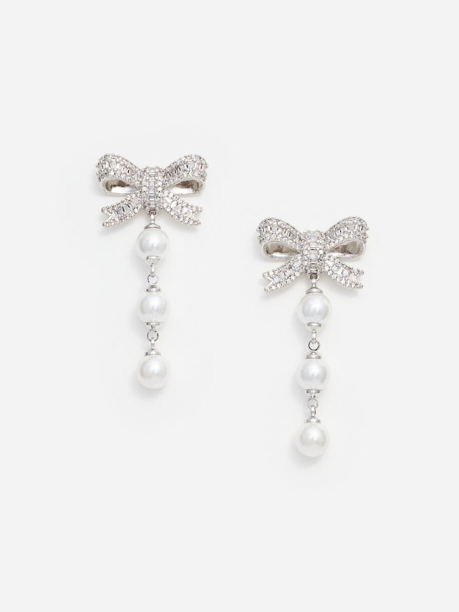 Crystal bow pearl droplet earrings