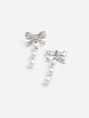 Crystal bow pearl droplet earrings