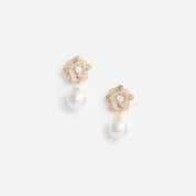 Mini gold crystal flower pearl earrings