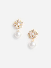 Mini gold crystal flower pearl earrings