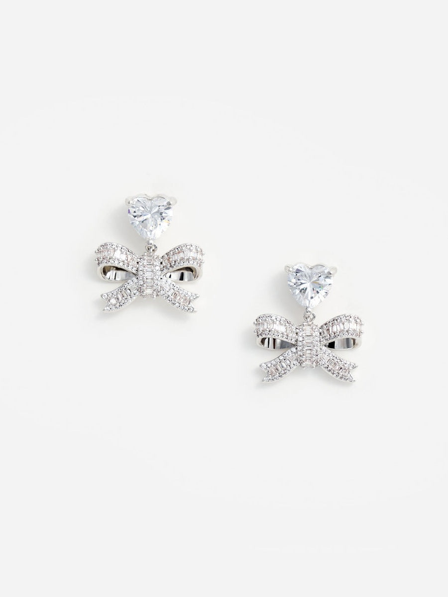 Crystal heart bow drop earrings