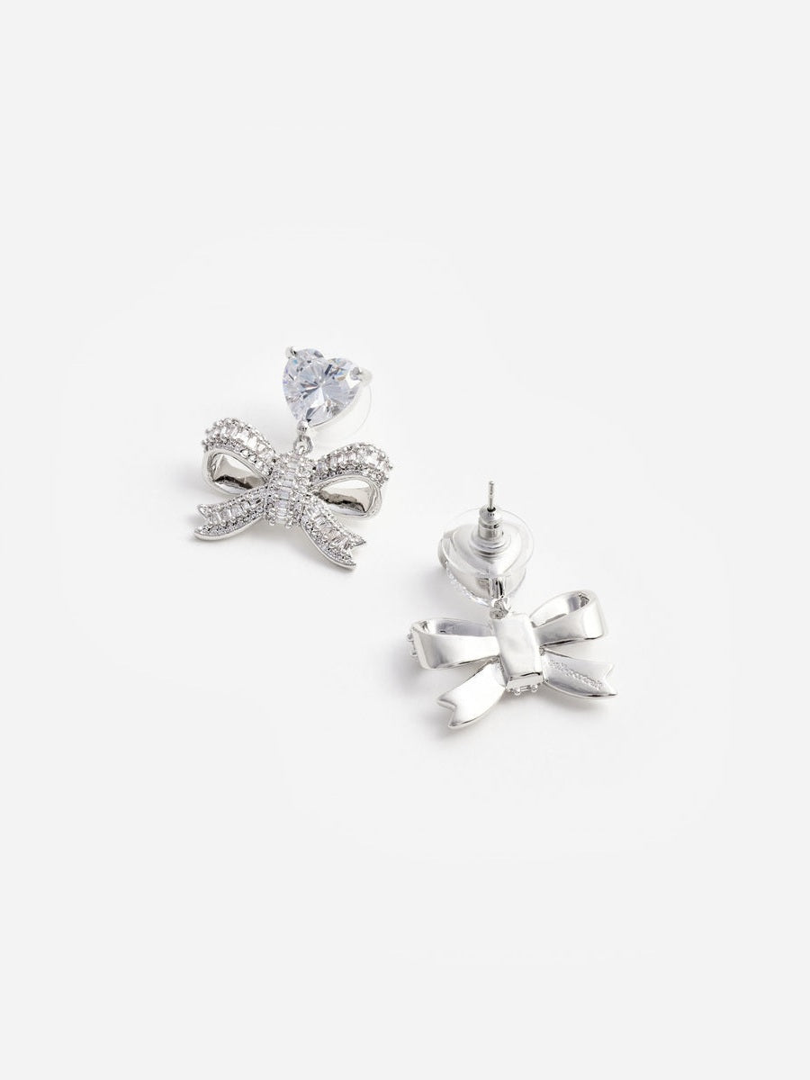 Crystal heart bow drop earrings