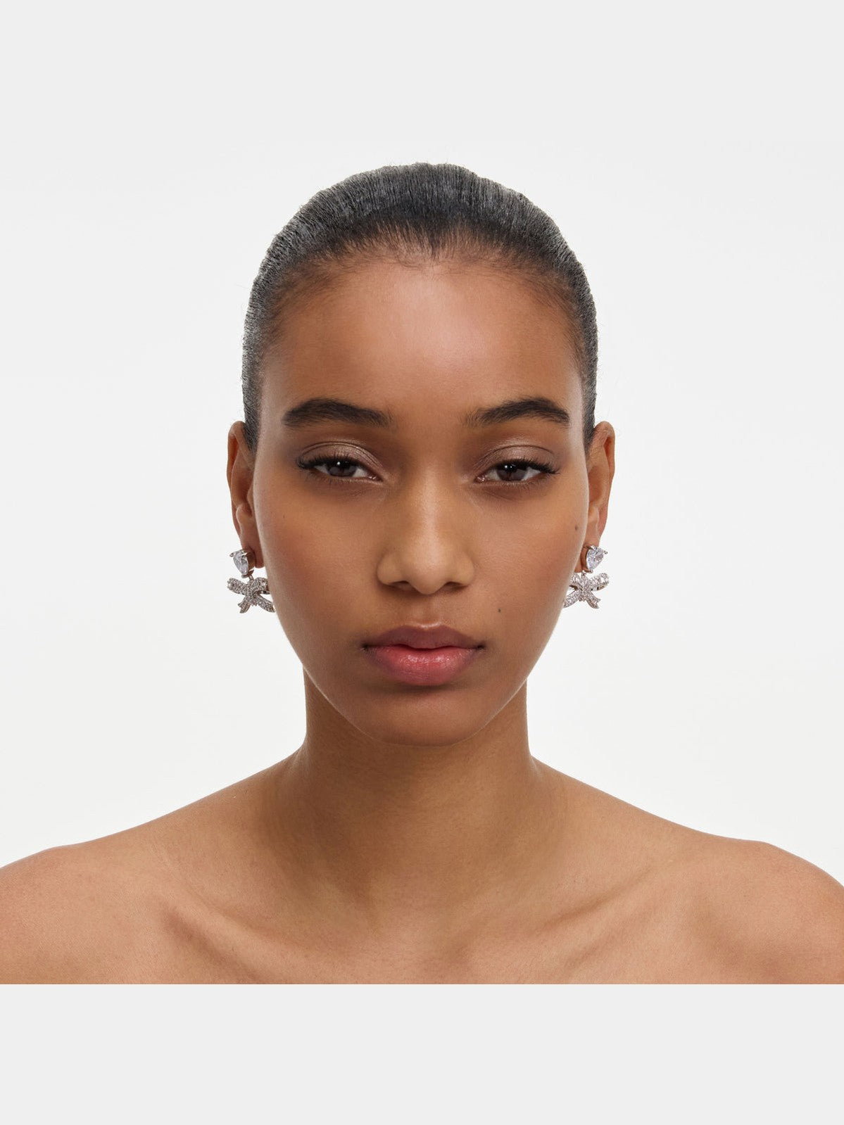 Crystal heart bow drop earrings