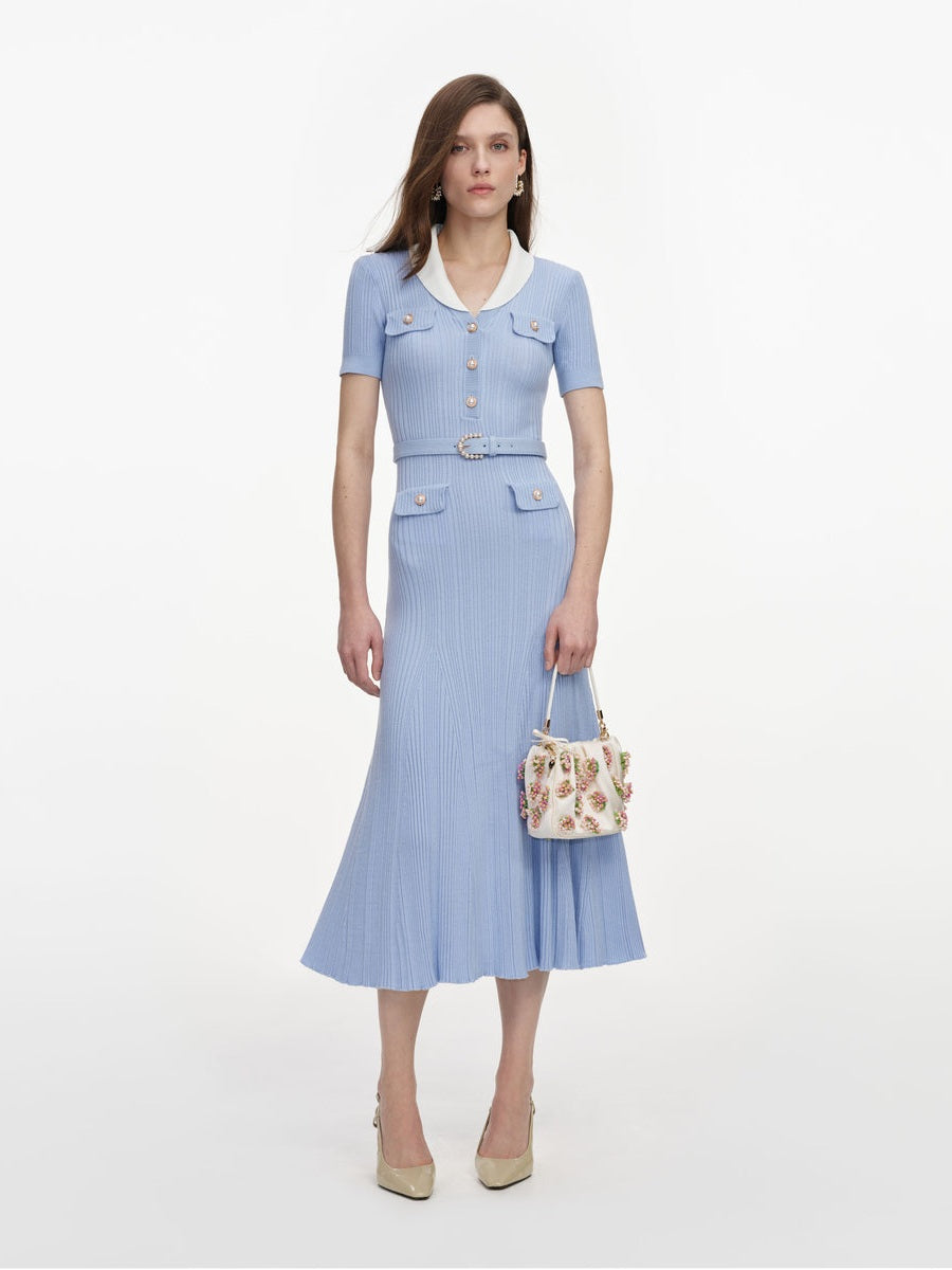 Blue ribbed knit midi dress