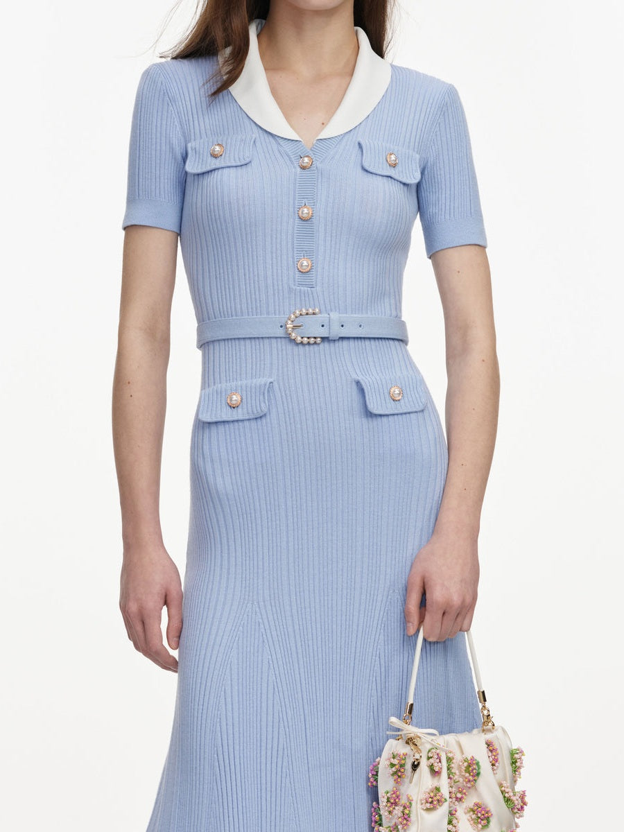 Blue ribbed knit midi dress
