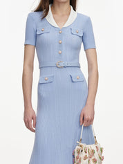 Blue ribbed knit midi dress